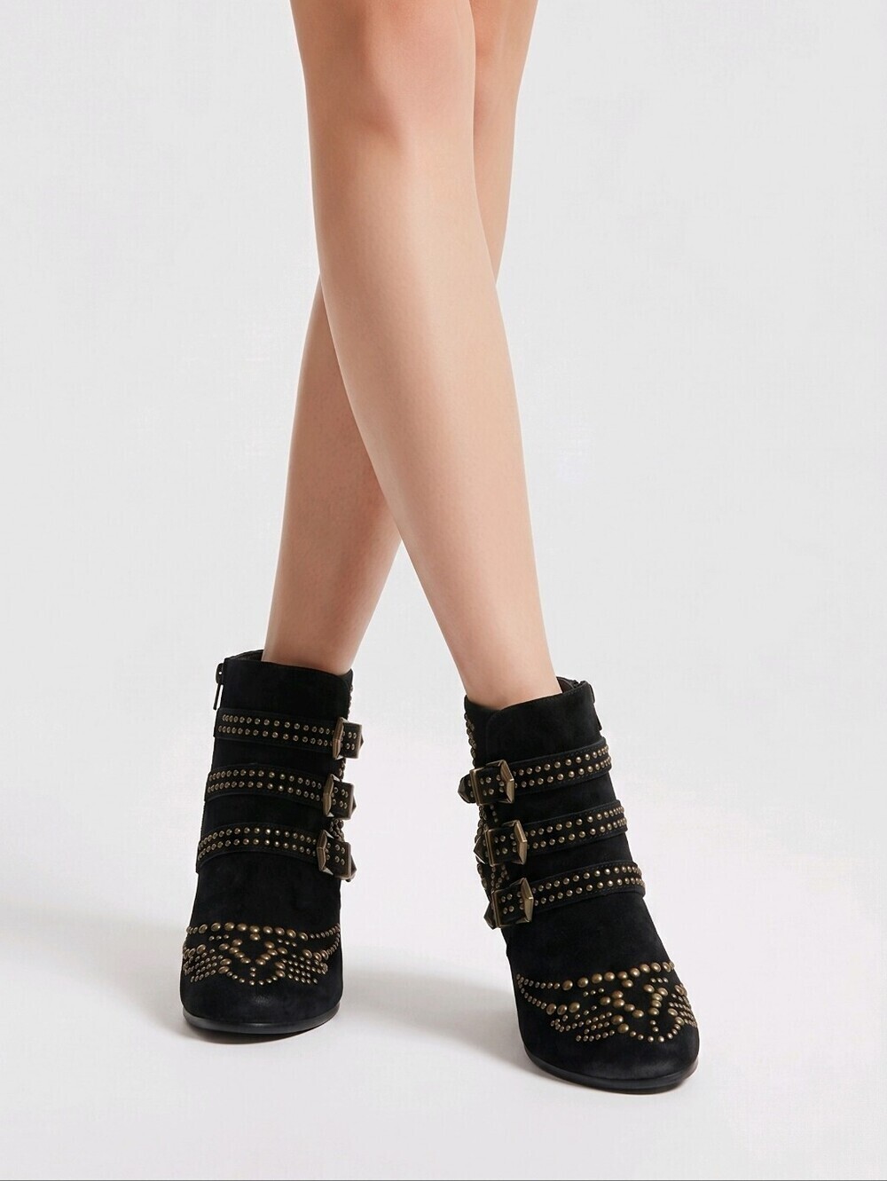 Ash Genuine Suede Bronze Studded Tripe Buckle Heel Booties Sz 8